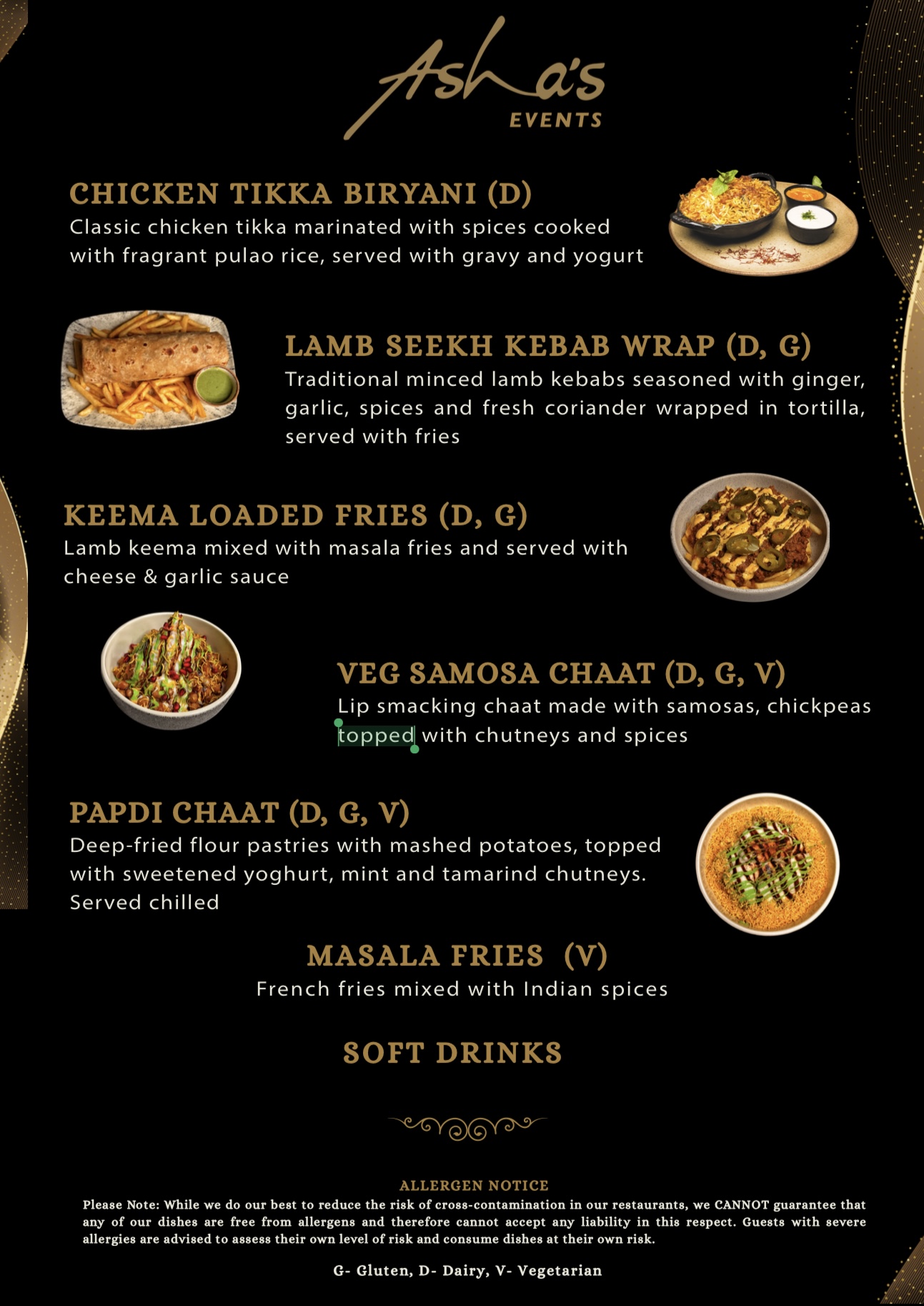 Ashas UK menu