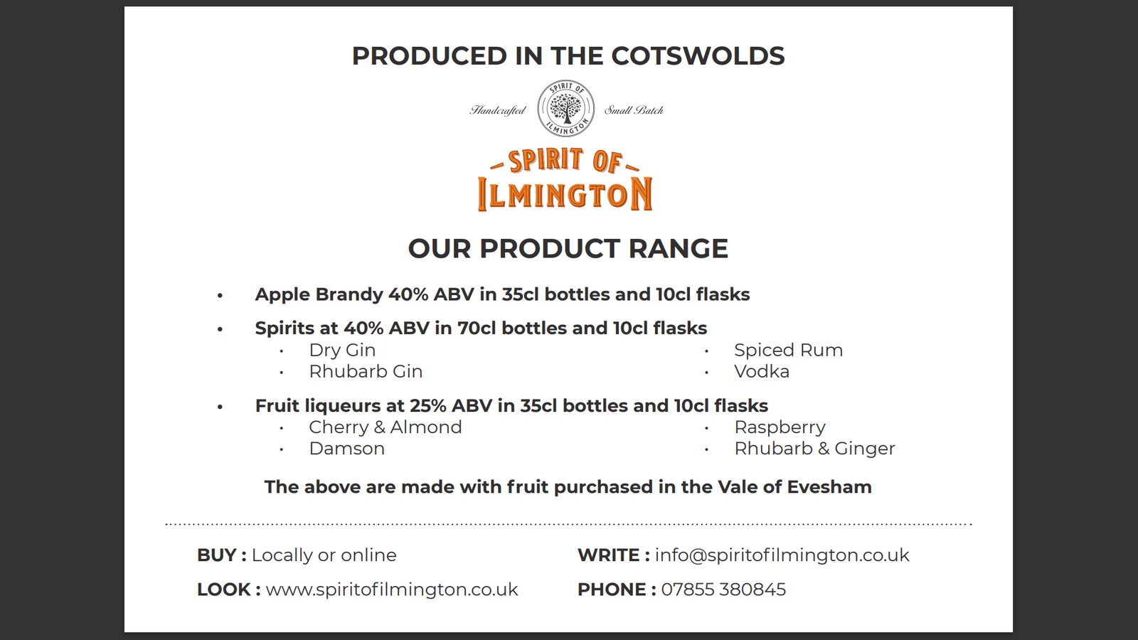 Spirit of Ilmington product range list